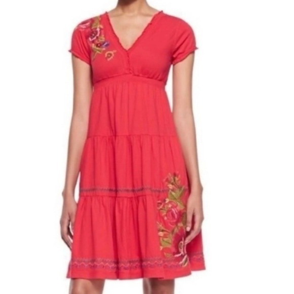 Johnny Was Dresses & Skirts - NWT Johnny Was Embroidered Cotton Dress Red MEDIUM Boho Babydoll Tier